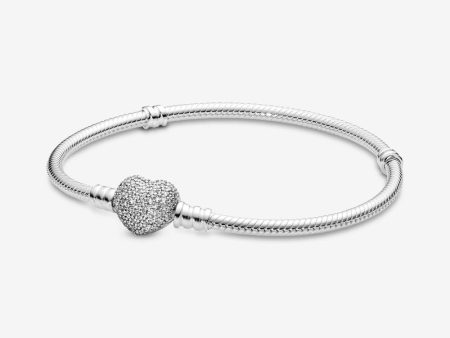 Pandora Moments Sparkling Heart Pave Clasp Snake Chain Bracelet #590727CZ-16 Online now