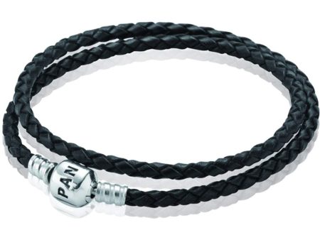 Pandora Moments Double Black Leather Bracelet #590705CBK-D1, 35cm For Cheap