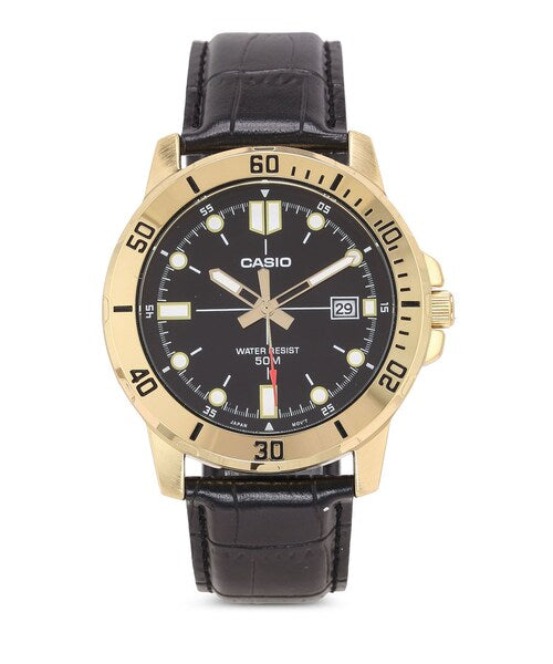 CASIO Men s Enticer Gold Tone Leather Band Black Dial Casual Analog Sporty Watch #MTP-VD01GL-1EVUDF Supply